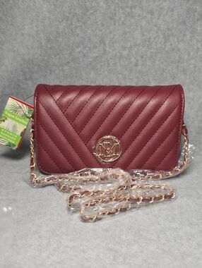 Quilted Wine Red Crossbody Bag with Gold Chain Detail
